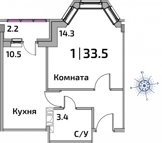 Однокомнатная квартира 33.5 м²