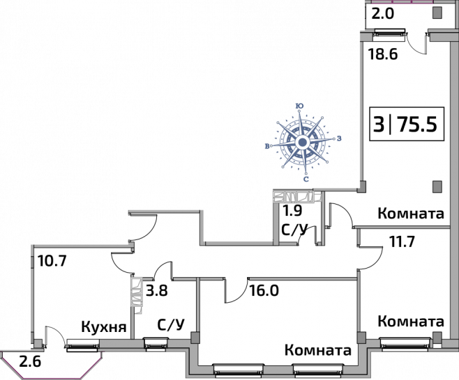 Трёхкомнатная квартира 77 м²