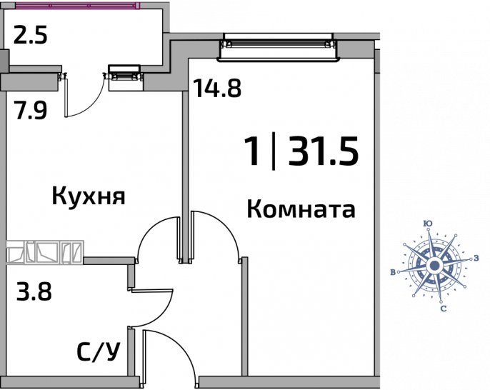 Однокомнатная квартира 31.5 м²