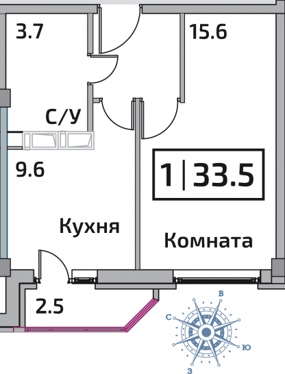 Однокомнатная квартира 33.5 м²
