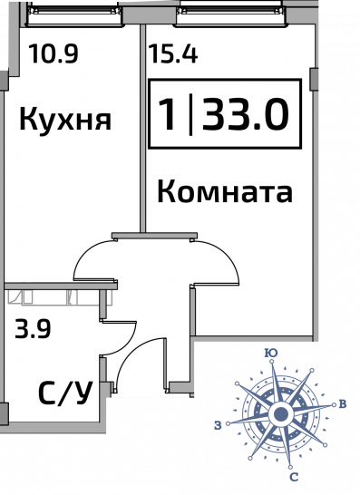 Однокомнатная квартира 33 м²