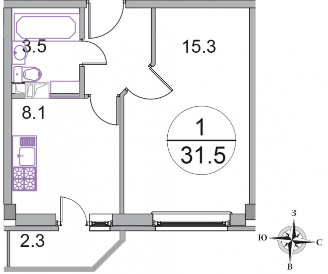 Однокомнатная квартира 31.5 м²