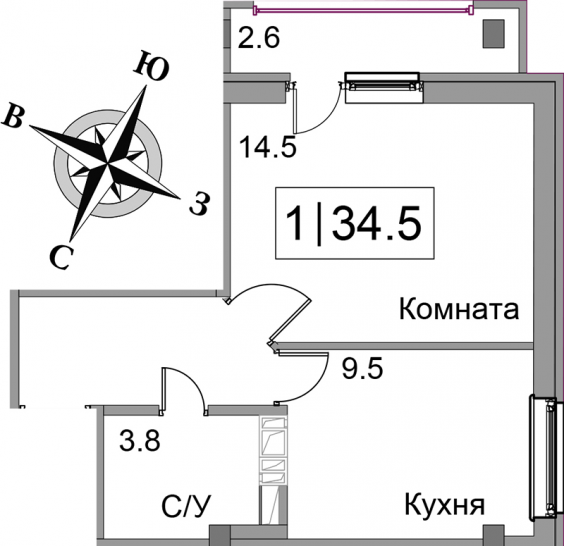 Однокомнатная квартира 34.5 м²