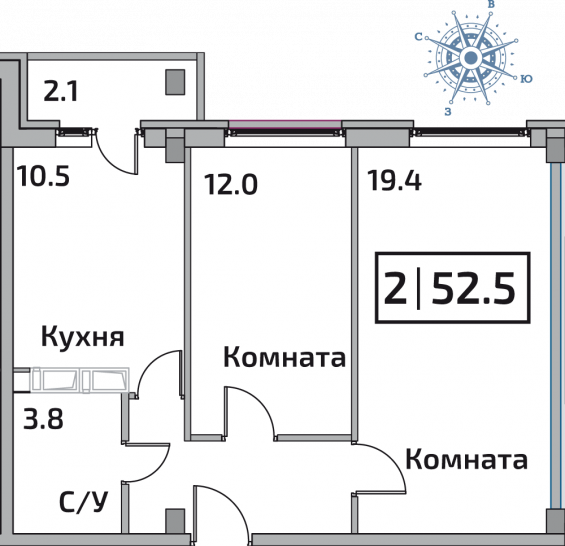 Двухкомнатная квартира 52.5 м²