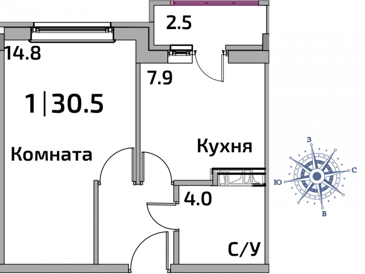 Однокомнатная квартира 30.5 м²