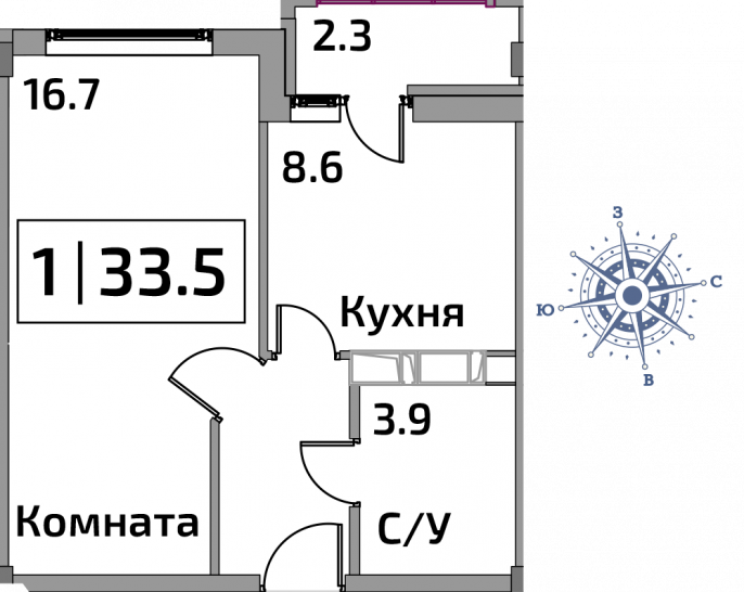 Однокомнатная квартира 33.5 м²