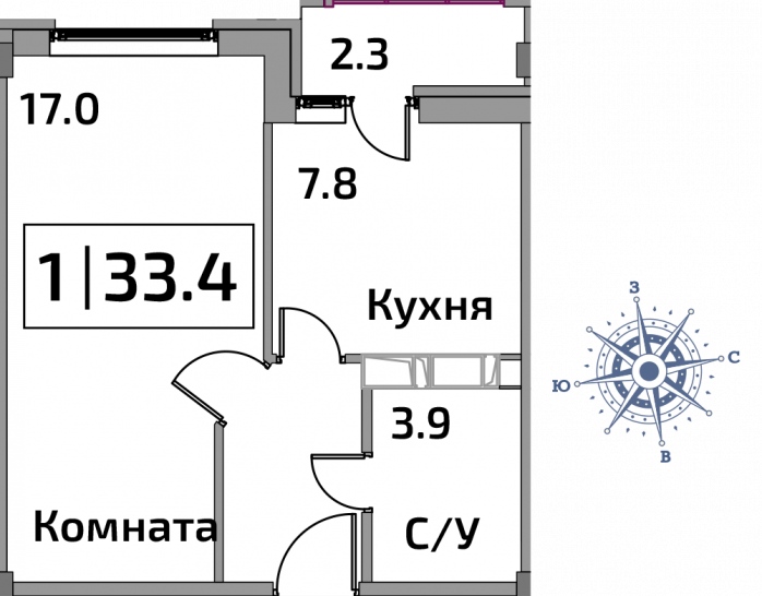 Однокомнатная квартира 33.4 м²