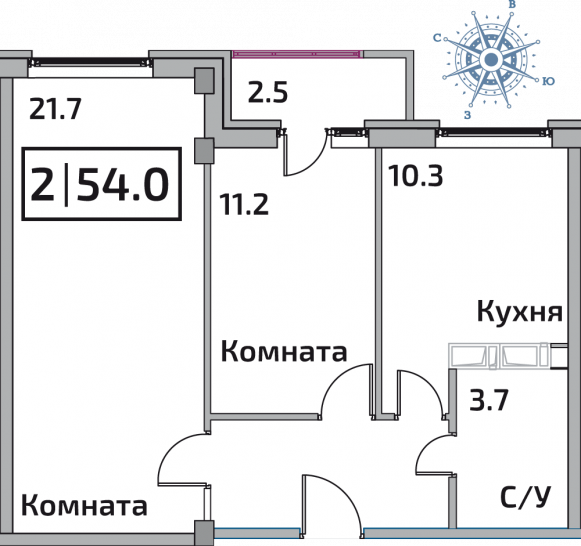 Двухкомнатная квартира 54 м²
