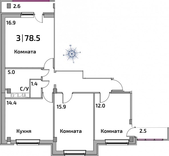 Трёхкомнатная квартира 76 м²