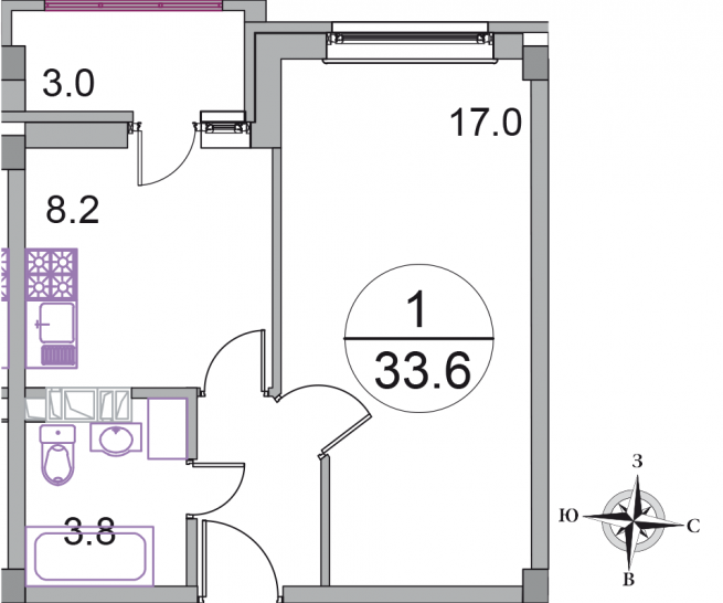 Однокомнатная квартира 33.6 м²