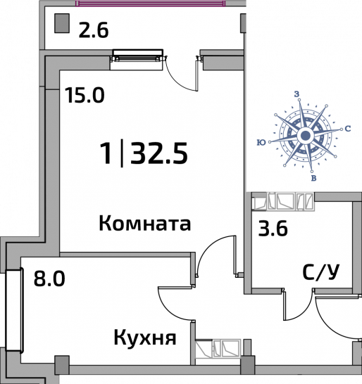 Однокомнатная квартира 32.5 м²