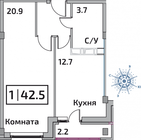 Однокомнатная квартира 42.5 м²